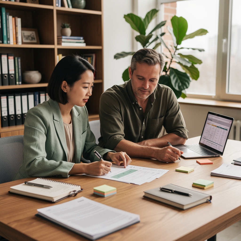 Two educators in their 30s reviewing sustainable living course materials at a desk surrounded by plants and notebooks